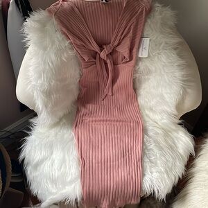 Windsor Pink Ribbed Tie Front Bodycon Midi Dress